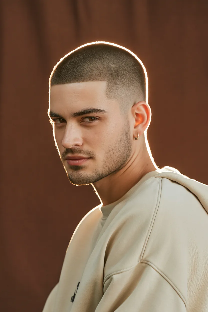 Buzz cut with widow’s peak fade