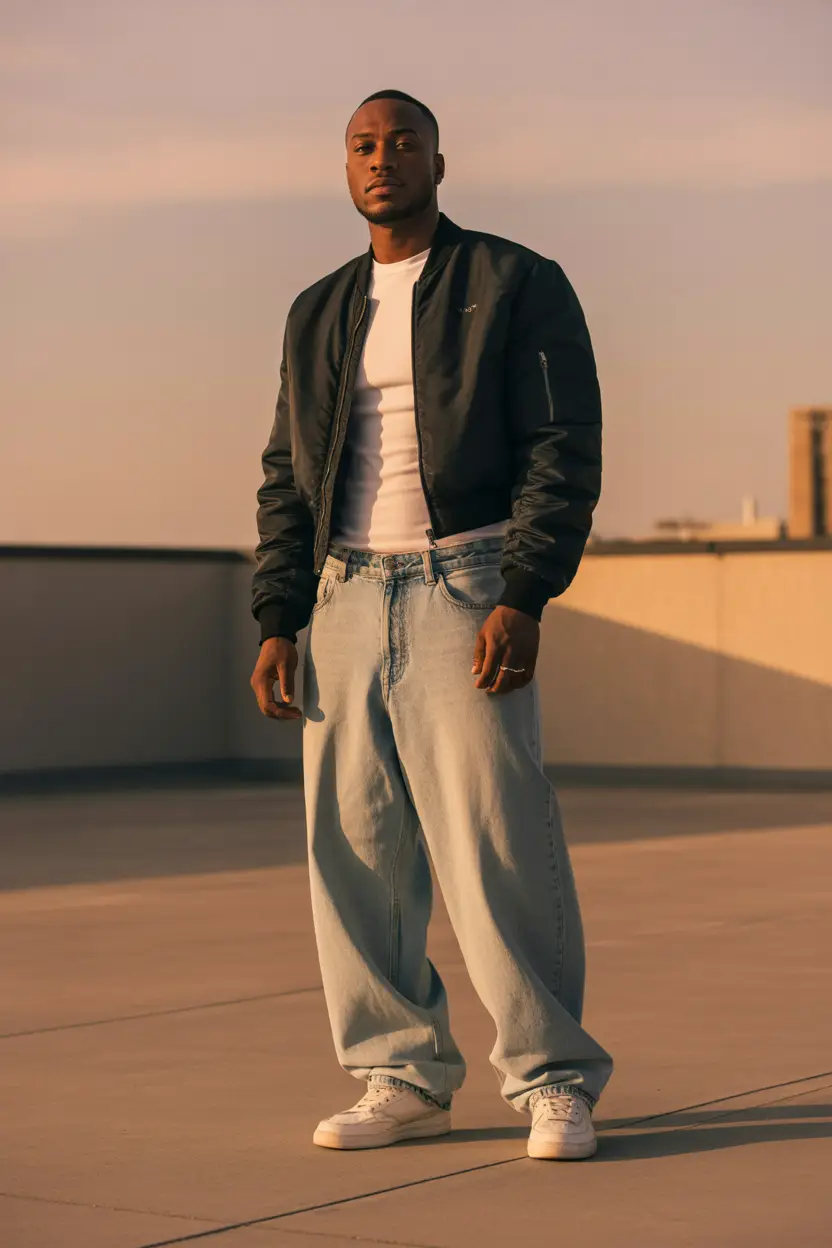 Cropped Jacket and Baggy Jeans for a Bold Silhouette Contrast