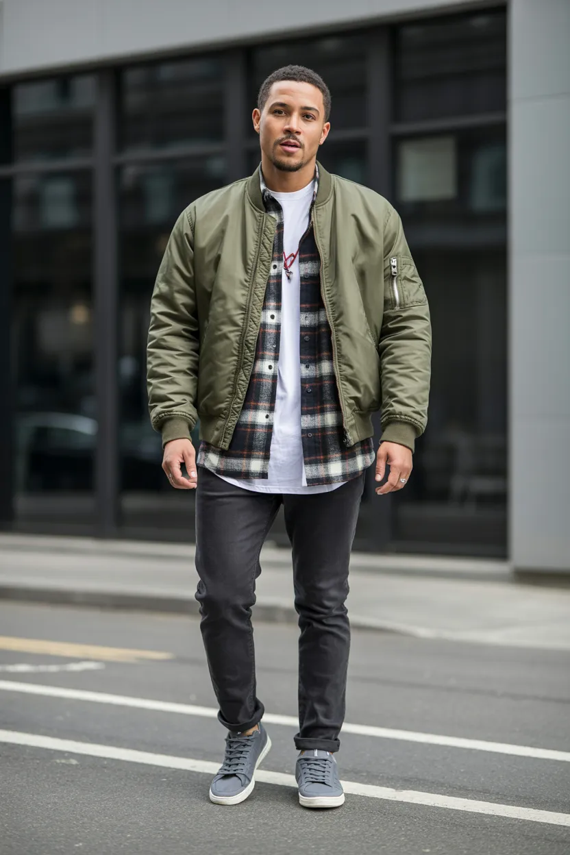 Flannel Under Bomber Jacket