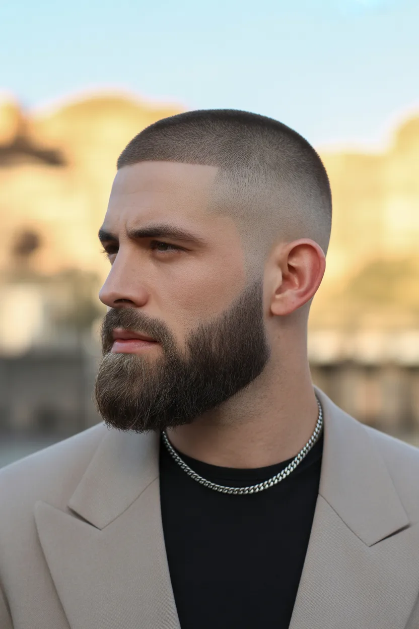 Mid fade buzz with beard blend