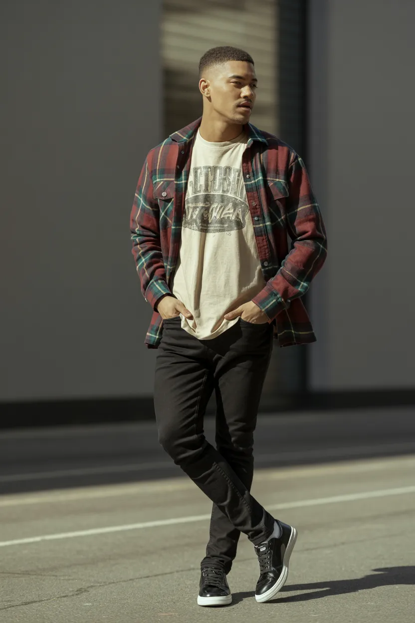 Open Flannel Over Graphic Tee Look