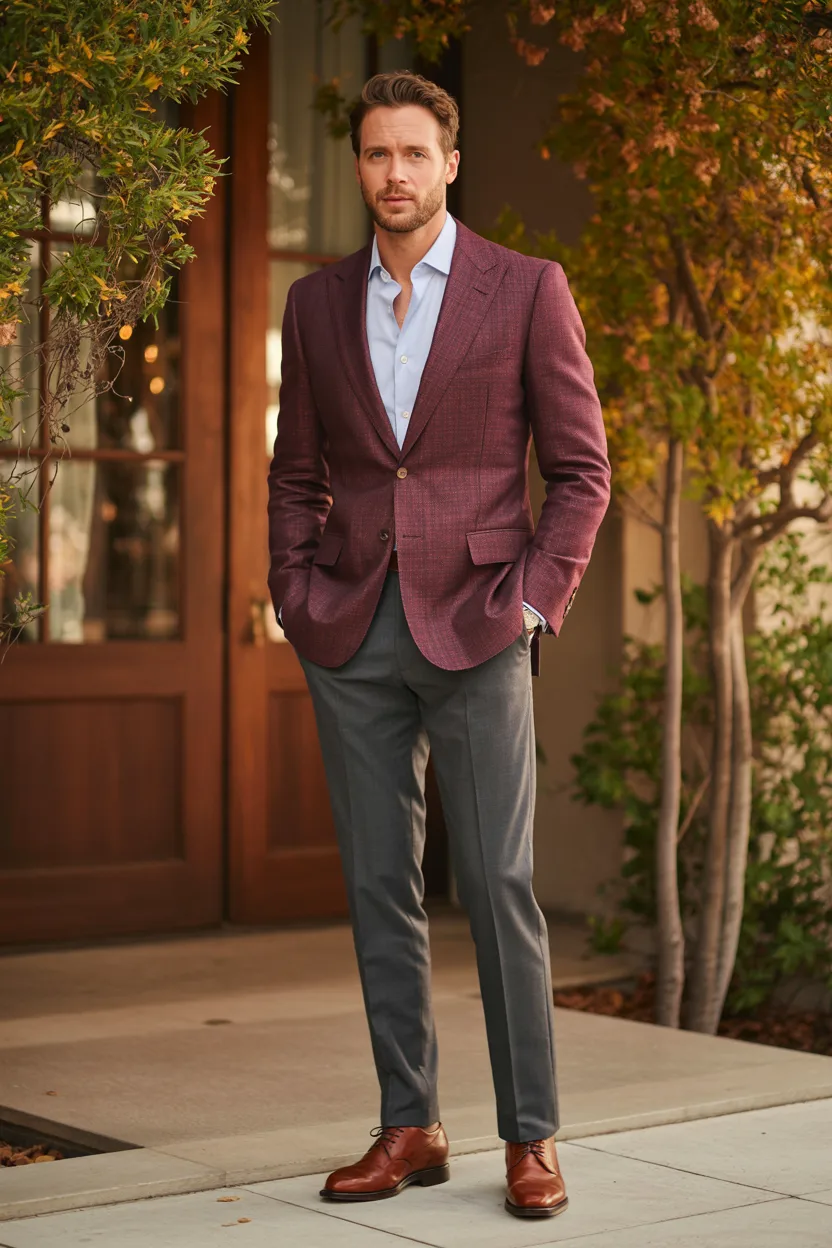 The Burgundy Blazer with Grey Trousers