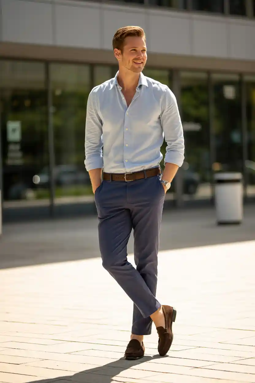 The Chambray Shirt + Navy Chinos + Brown Leather Shoes