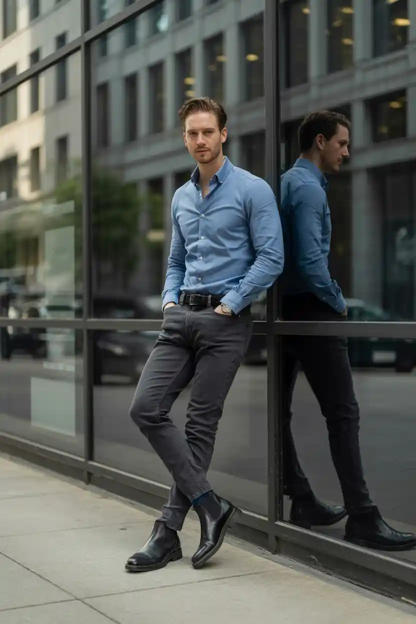 The Dark Denim + Tucked Dress Shirt + Chelsea Boots
