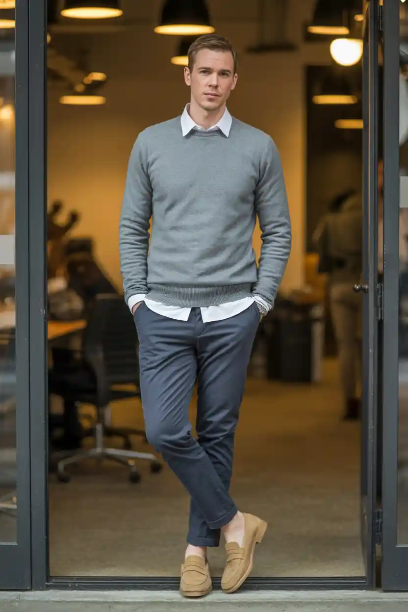 The Grey Crewneck Sweater + Collared Shirt + Chinos