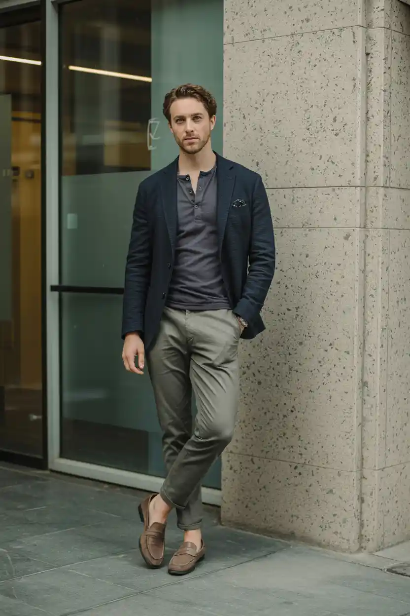 The Henley + Blazer + Slim Chinos