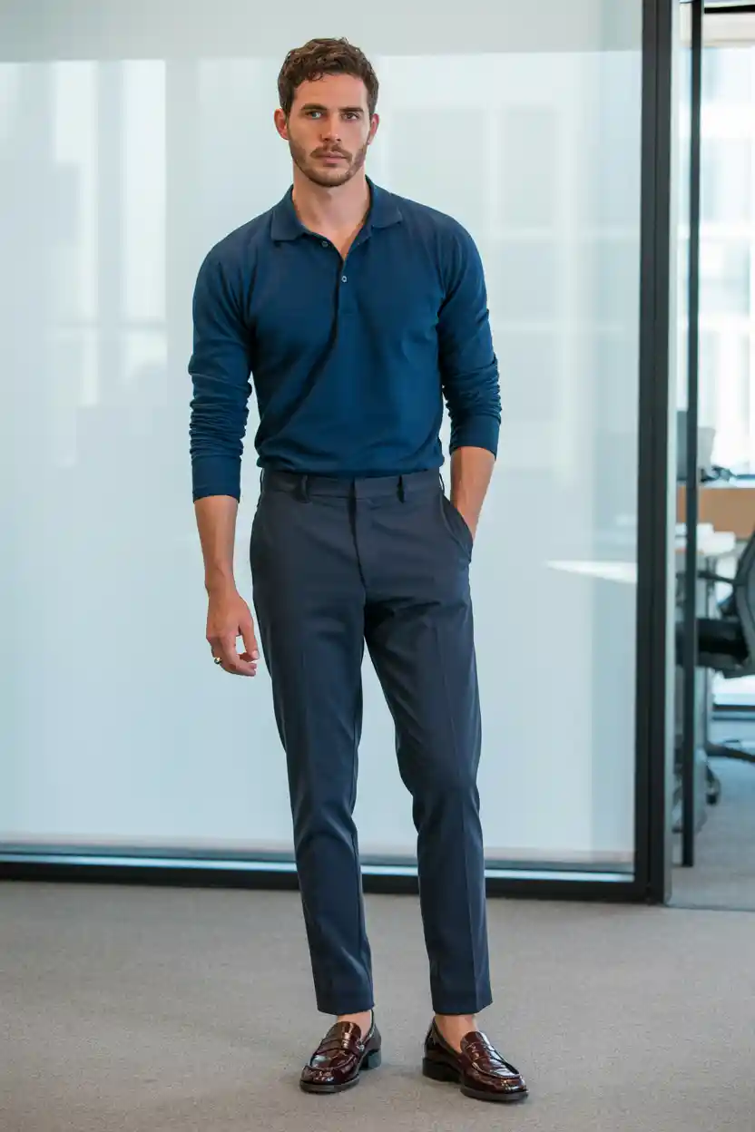 The Long-Sleeve Polo + Dress Pants + Loafers