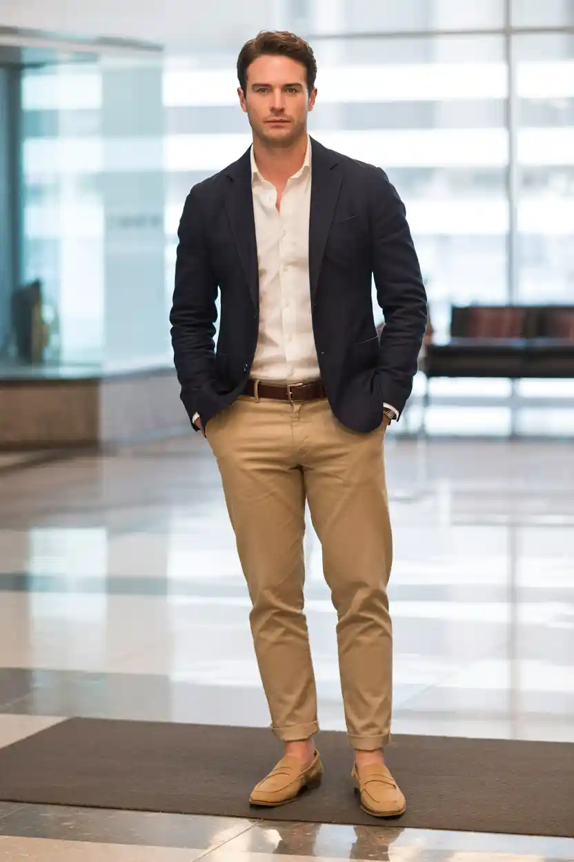 The Navy Blazer + White Oxford + Khaki Chinos