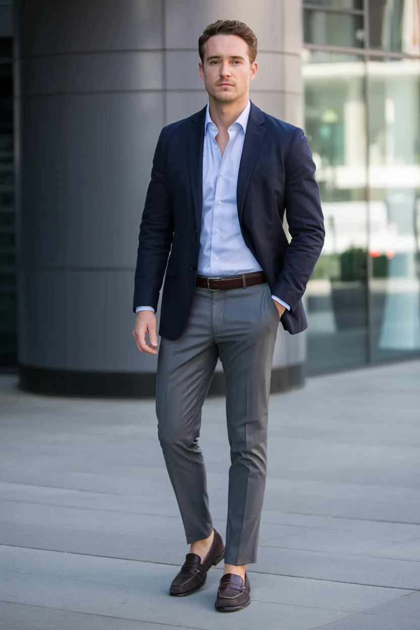 The Navy Sport Coat + Grey Trousers + Blue Dress Shirt