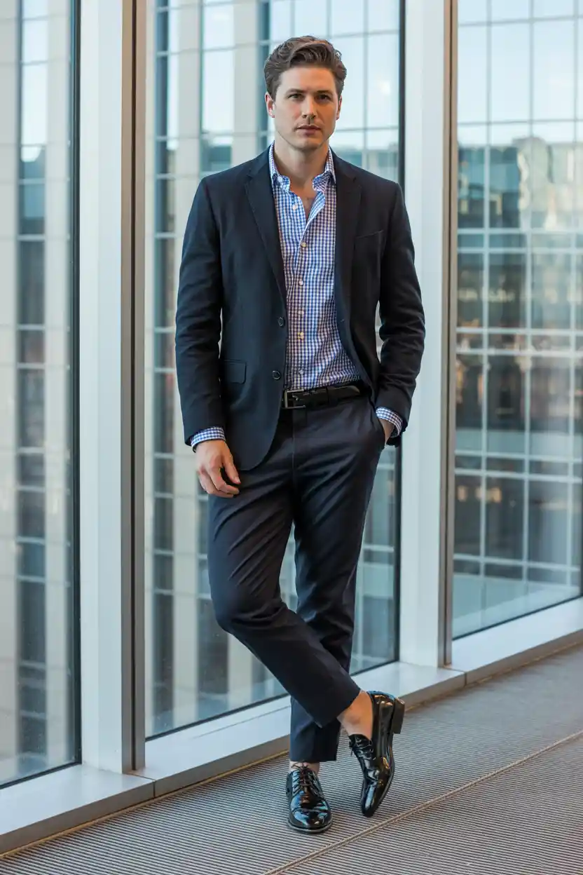 The Patterned Shirt + Solid Blazer + Dark Pants