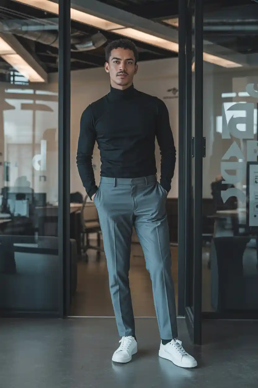 The Slim Turtleneck + Tailored Trousers + White Sneakers
