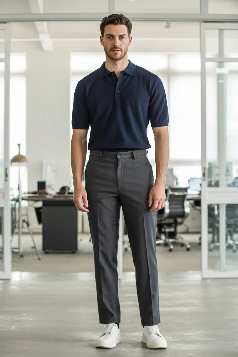 The Structured Polo + Wool Trousers + Dress Sneakers