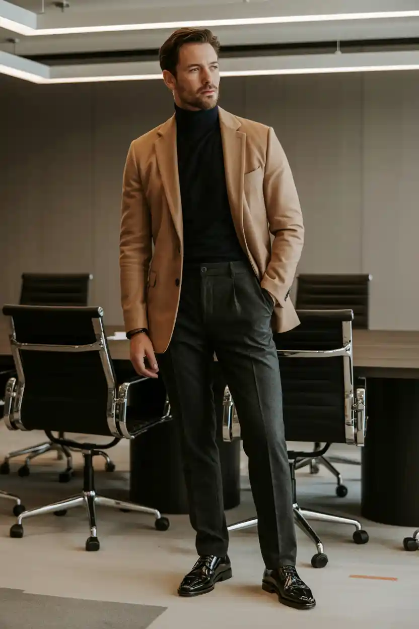 The Turtleneck + Unstructured Blazer + Tailored Trousers