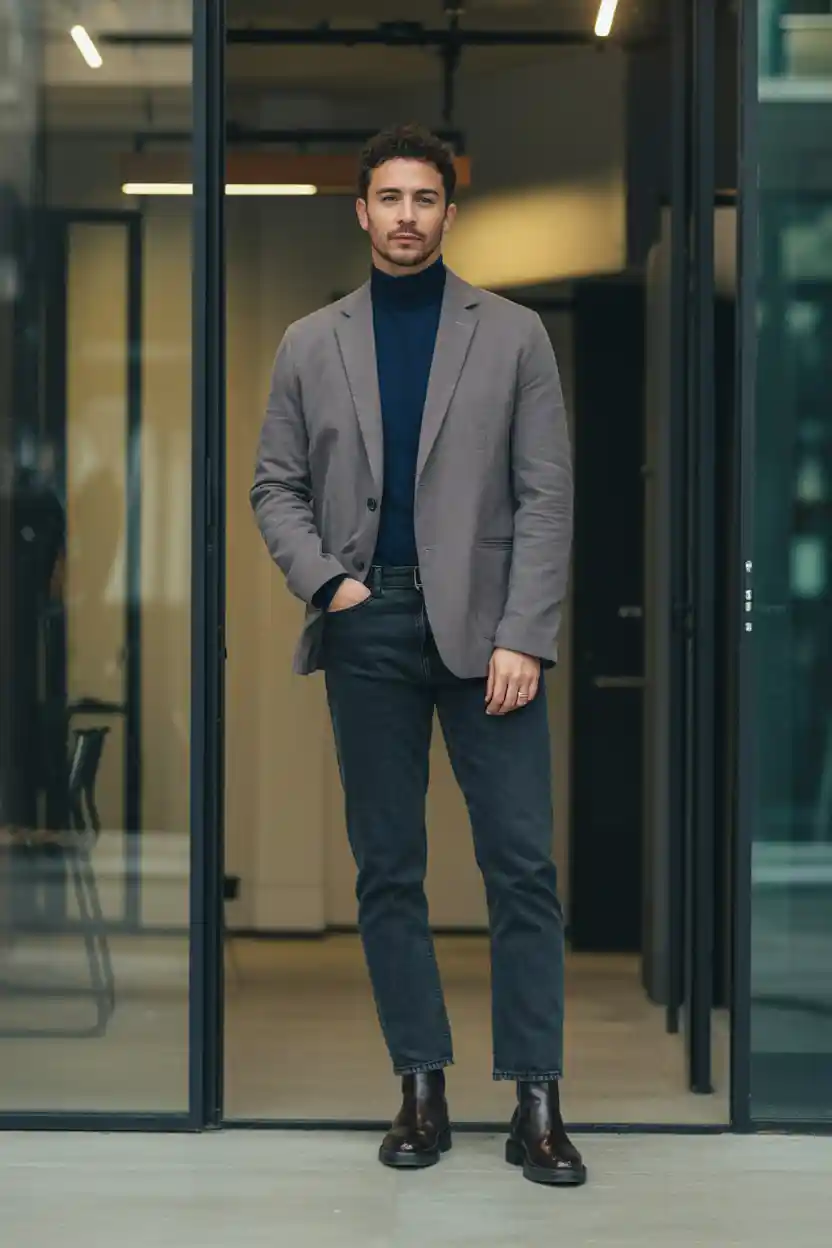 The Unstructured Blazer + Turtleneck + Dark Jeans
