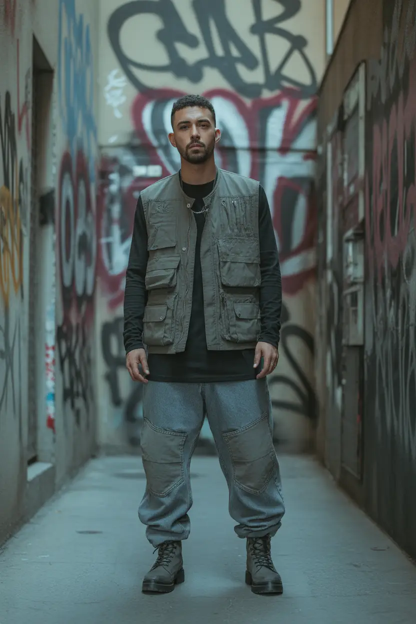 14. Utility Vest and Baggy Jeans for a Cargo-Core Aesthetic