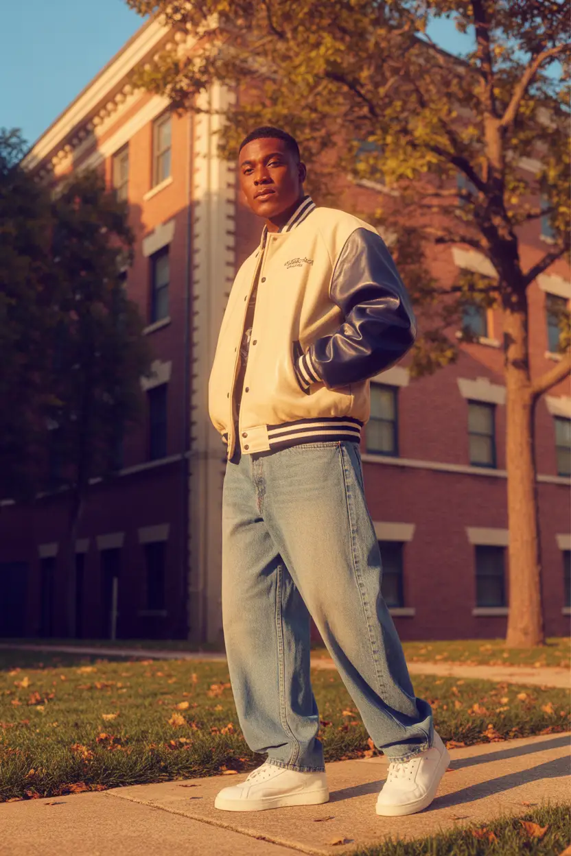 Baggy Jeans for a Retro Collegiate Look