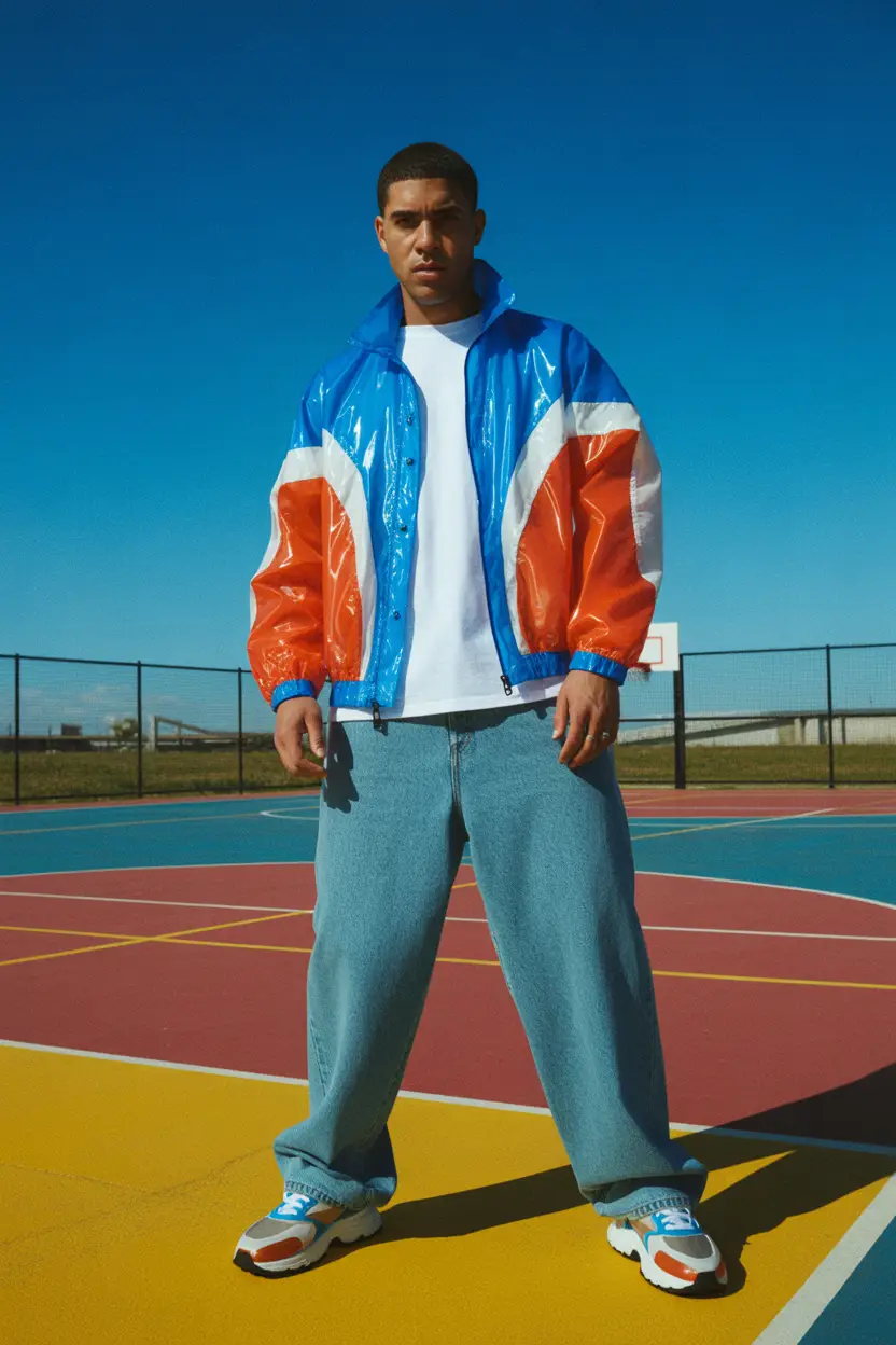 19. Windbreaker and Baggy Jeans for a Y2K Sporty Revival